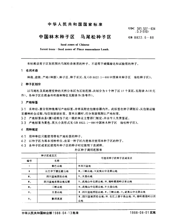 GB 8822.6-1988 中国林木种子区 马尾松种子区
