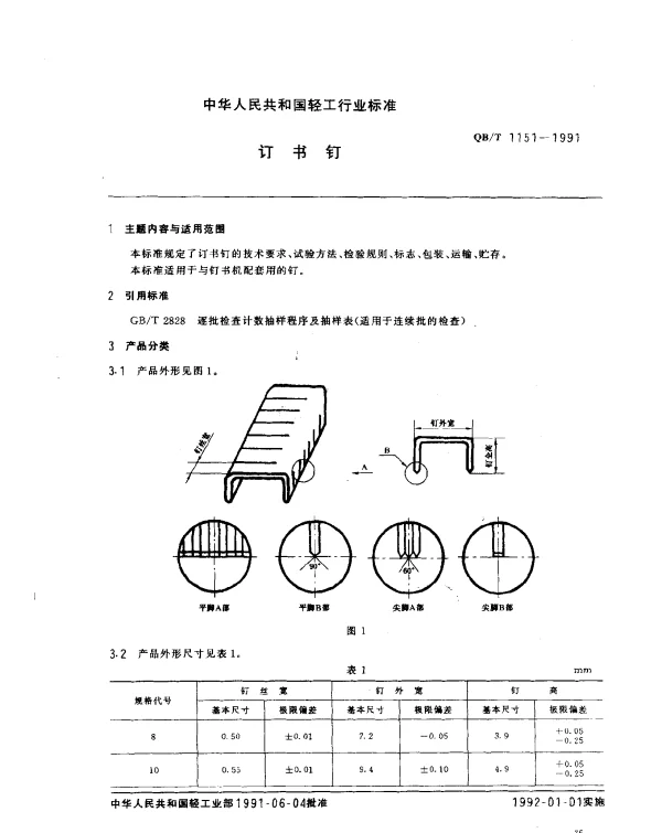 QBT 1151-1991 订书钉