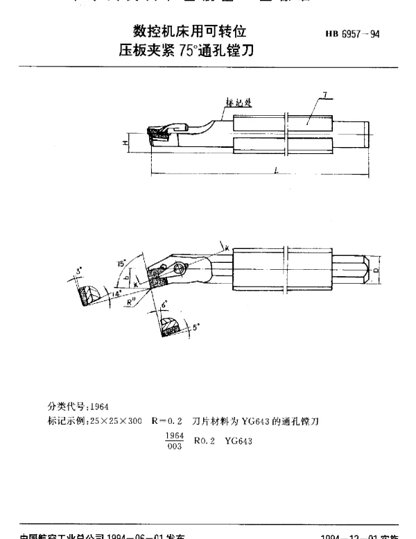HB 6957-1994 数控机床用可转位.压板夹紧75°通孔镗刀