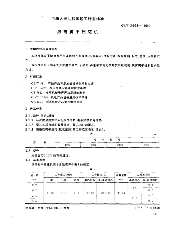 QBT 2008-1994 滚筒熨平压花机