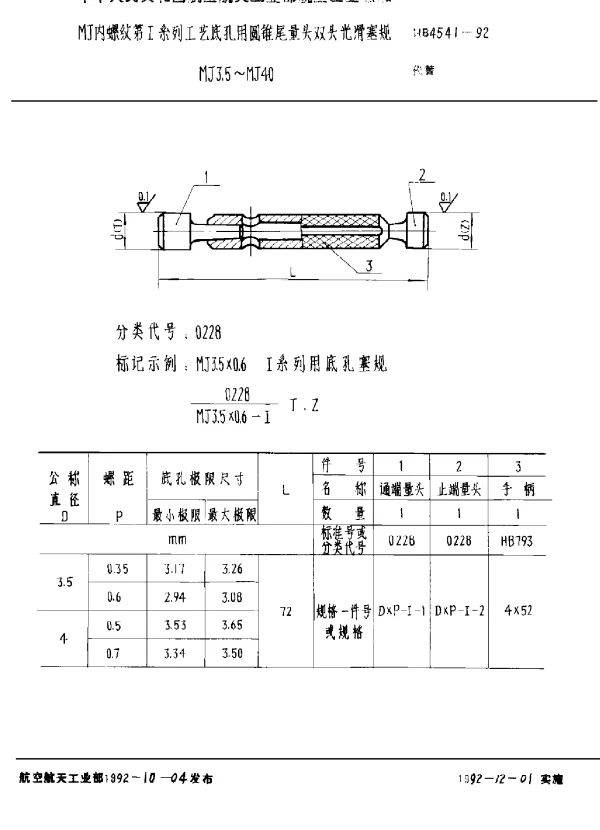 HB 4541-1992 MJ内螺纹第Ⅰ系列工艺底孔用圆锥尾量头双头光滑塞规 MJ3.5~MJ40