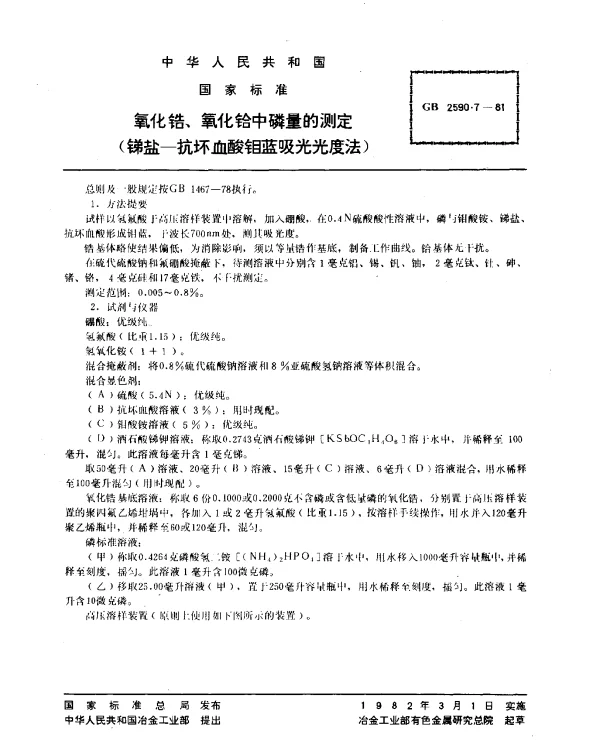 GB 2590.7-1981 氧化锆、氧化铪中磷量的测定（锑盐-抗坏血酸钼蓝吸光光度法）
