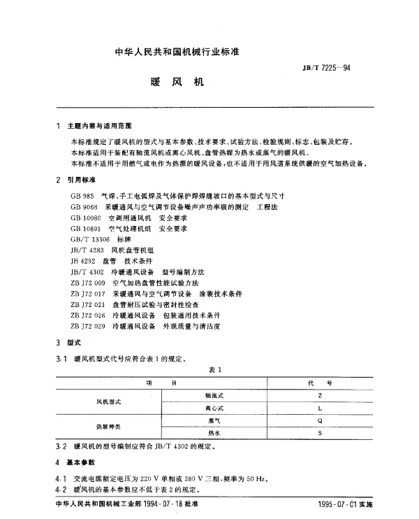 JBT 7225-1994 暖风机
