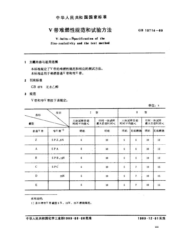 GB 10714-1989 V带难燃性规范和试验方法