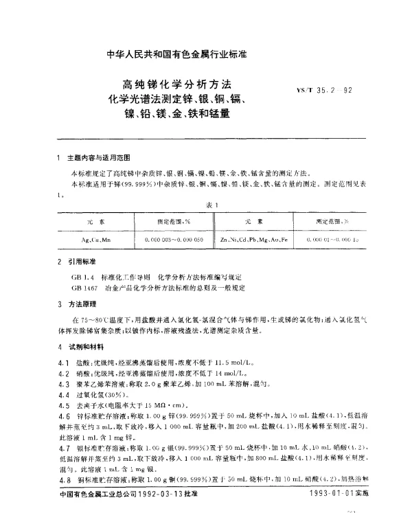 YST 35.2-1992 高纯锑化学分析方法.化学光谱法测定锌、银、铜、镉、镍、铅、镁、金、铁和锰量