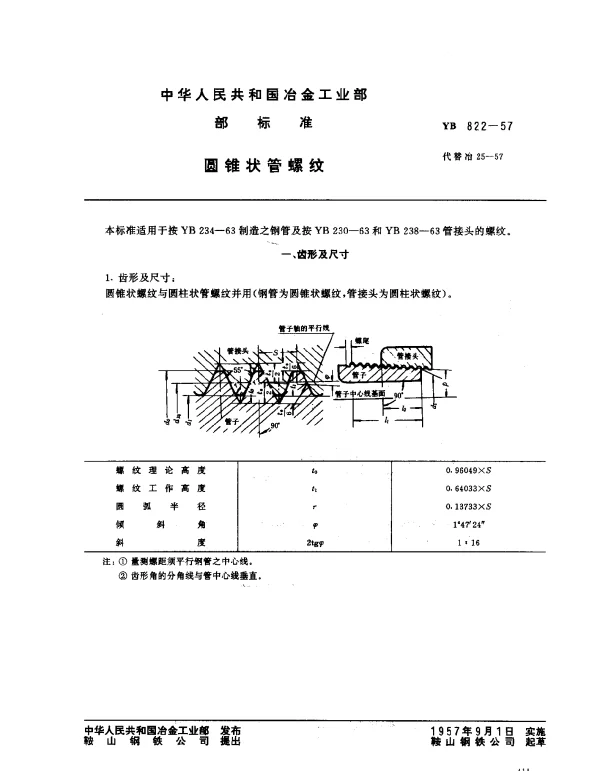 YB 822-1957 圆锥状管螺纹
