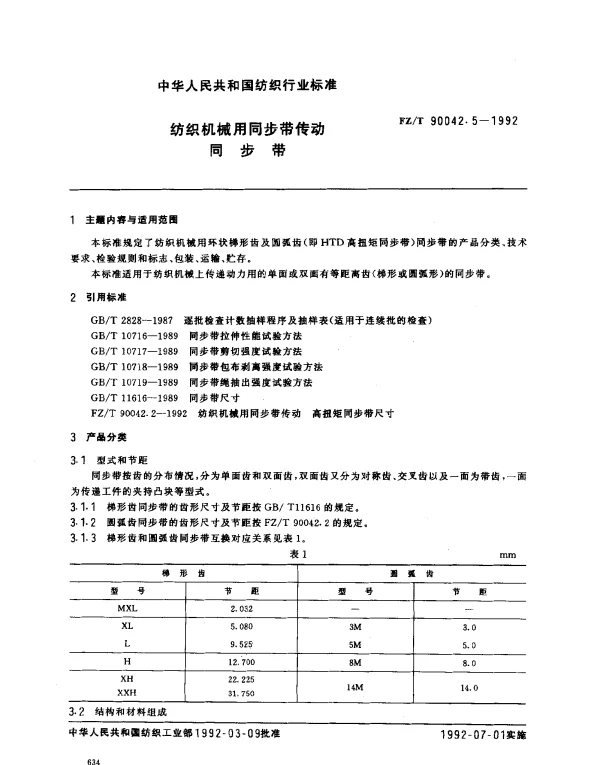 FZT 90042.5-1992 纺织机械用同步带传动 同步带