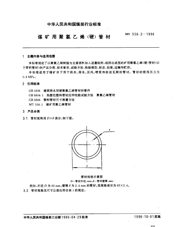 MT 558.2-1996 煤矿用聚氯乙烯（硬）管材