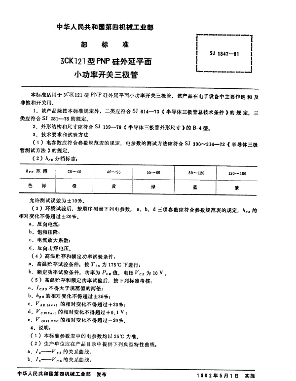 SJ 1847-1981 3CK121型PNP硅外延平面小功率开关三极管