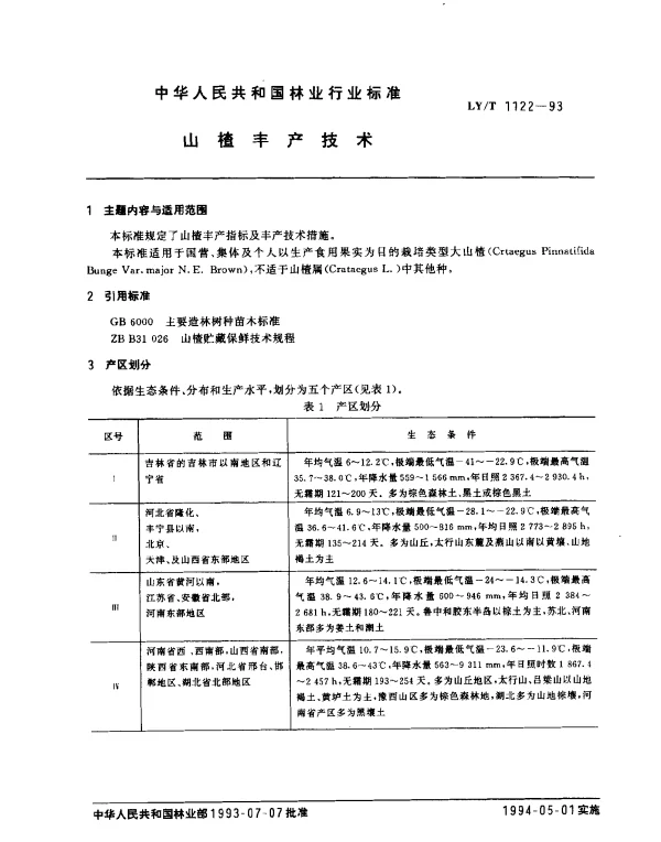 LYT 1122-1993 山楂丰产技术