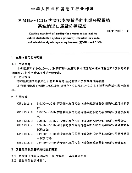 SJT 9508.3-1993 30MHz～1GHz声音和电视信号的电缆分配系统系统输出口质量分等标准