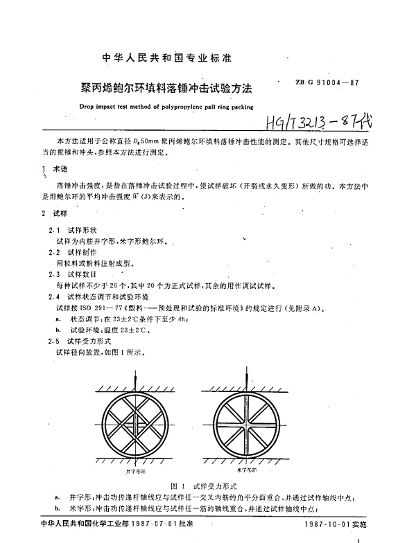HGT 3213-1987 聚丙烯鲍尔环填料落锤冲击试验方法