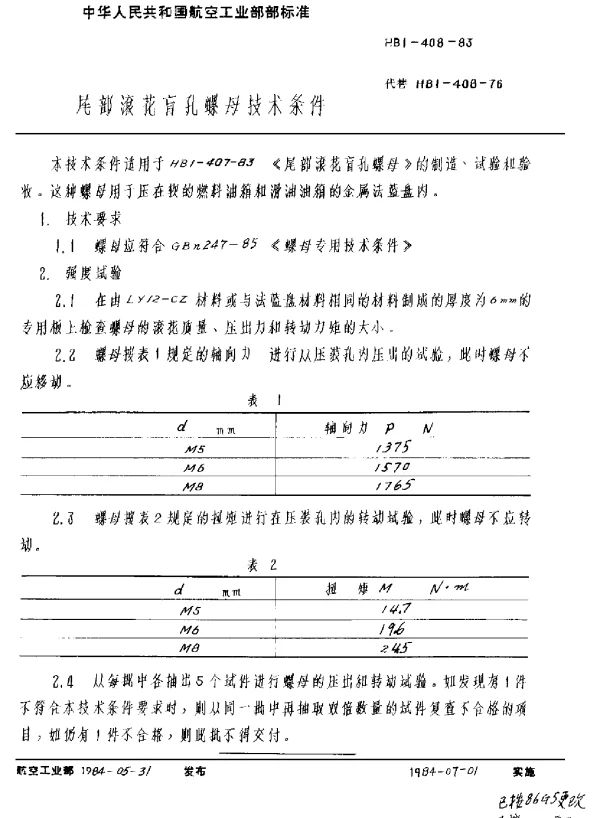 HB 1-408-1983 尾部滚花盲孔螺母技术条件