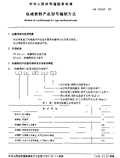 GB 10444-1989 机械密封产品型号编制方法