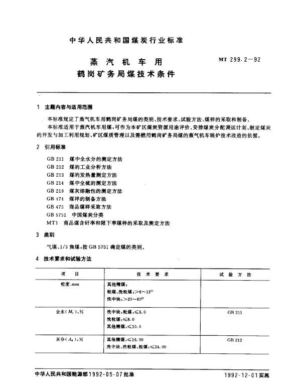 MT 299.2-1992 蒸汽机车用鹤岗矿务局煤技术条件