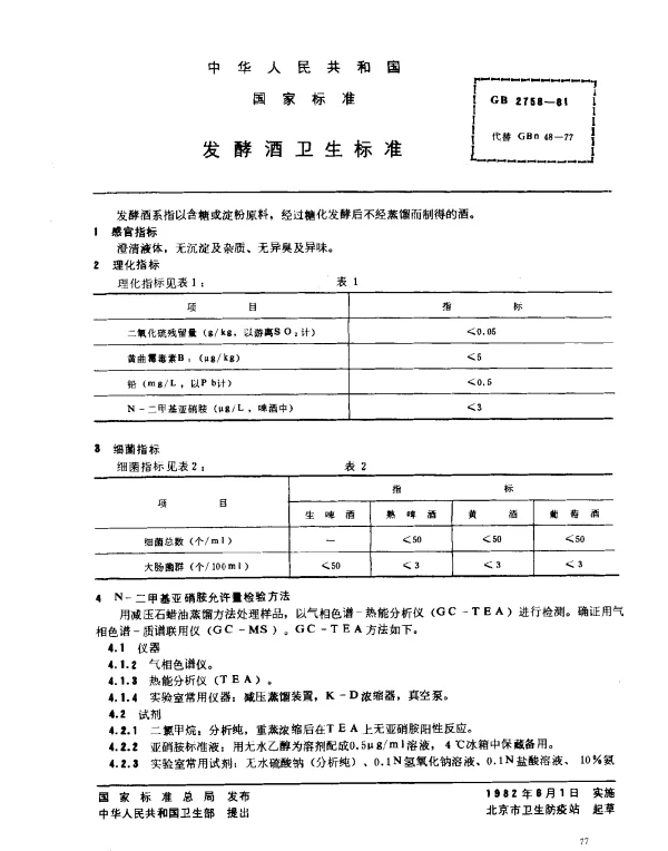 GB 2758-1981 发酵酒卫生标准