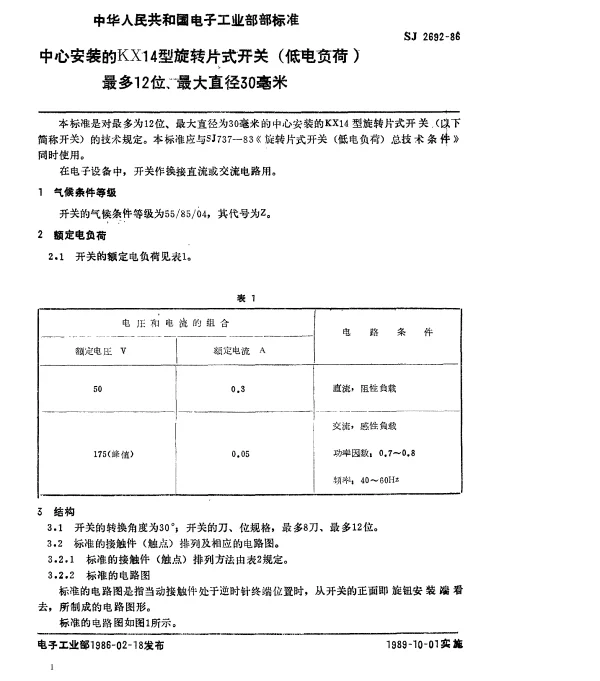 SJ 2692-1986 中心安装的KX14型旋转片式开关（低电负荷）最多12位、最大直径30毫米