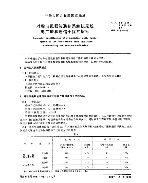 GB 7433-1987 对称电缆载波通信系统抗无线电广播和通信干扰的指标