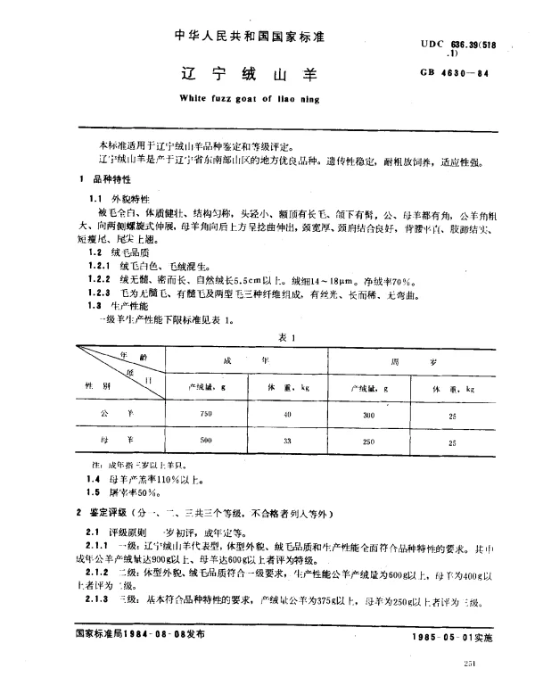 GB 4630-1984 辽宁绒山羊