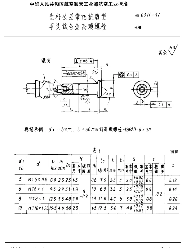 HB 6511-1991 光杆公差带r6抗剪型平头钛合金高锁螺栓