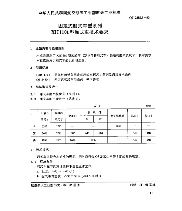 QJ 2480.3-1993 固定式厢式车型系列 XH1101型厢式车技术要求
