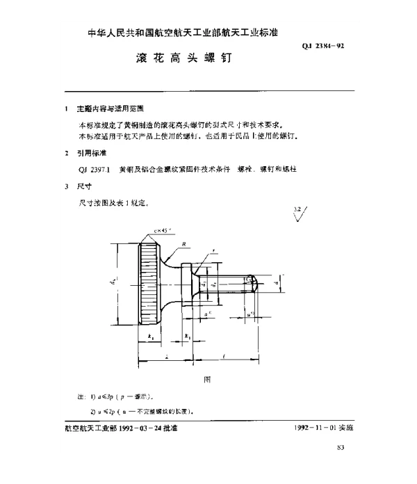QJ 2384-1992 黄铜及铝合金螺纹紧固件 滚花高头螺钉