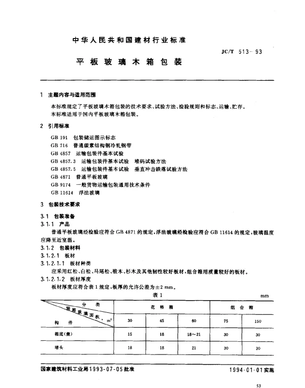 JCT 513-1993 平板玻璃木箱包装