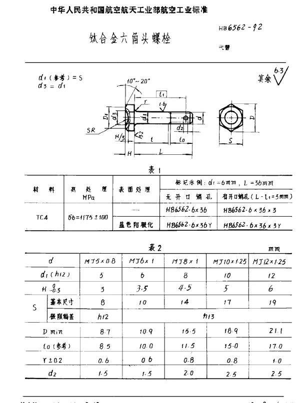 HB 6562-1992 钛合金六角头螺栓