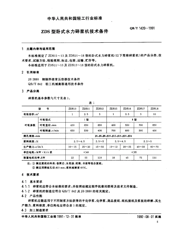 QBT 1420-1991 ZDS型卧式水力碎浆机技术条件