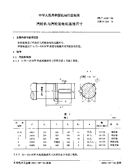 JBT 1329-1991 汽轮机与汽轮发电机  连接尺寸