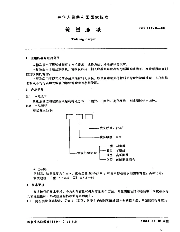 GB 11746-1989 簇绒地毯