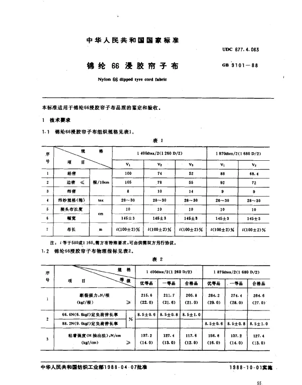 GB 9101-1988 锦纶66浸胶帘子布