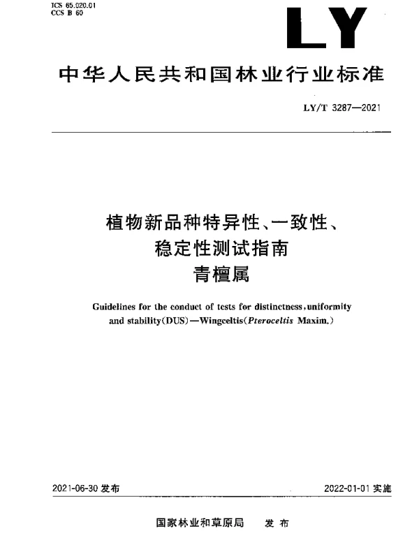 LYT 3287-2021 植物新品种特异性、一致性、稳定性测试指南 青檀属