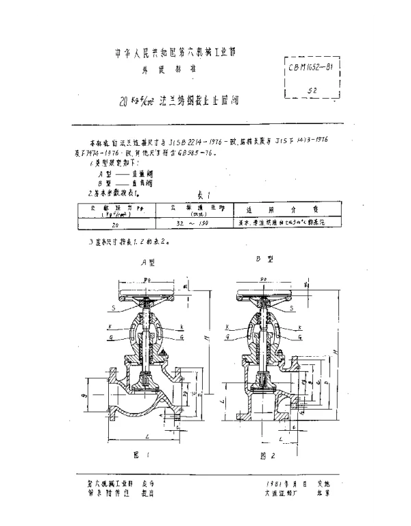 CBM 1052-1981 20kgfcm2法兰铸钢截止止回阀