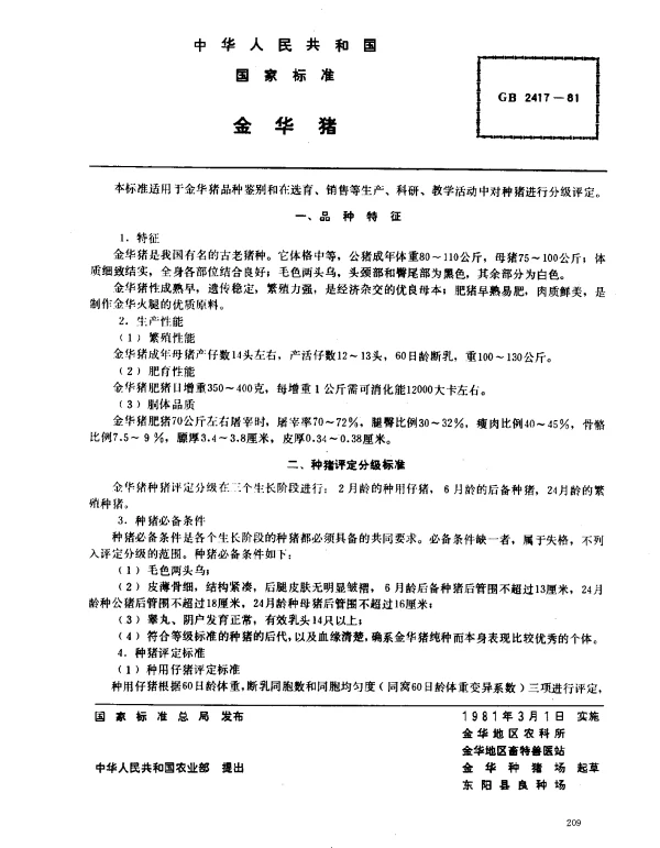 GB 2417-1981 金华猪