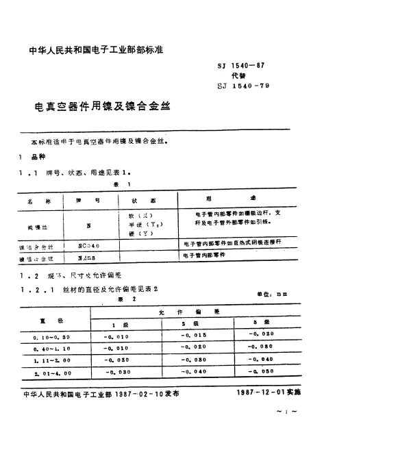 SJ 1540-1987 电真空器件用镍及镍合金丝