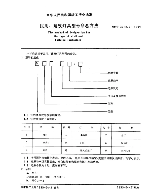 QBT 3738.2-1999 民用、建筑灯具型号命名方法