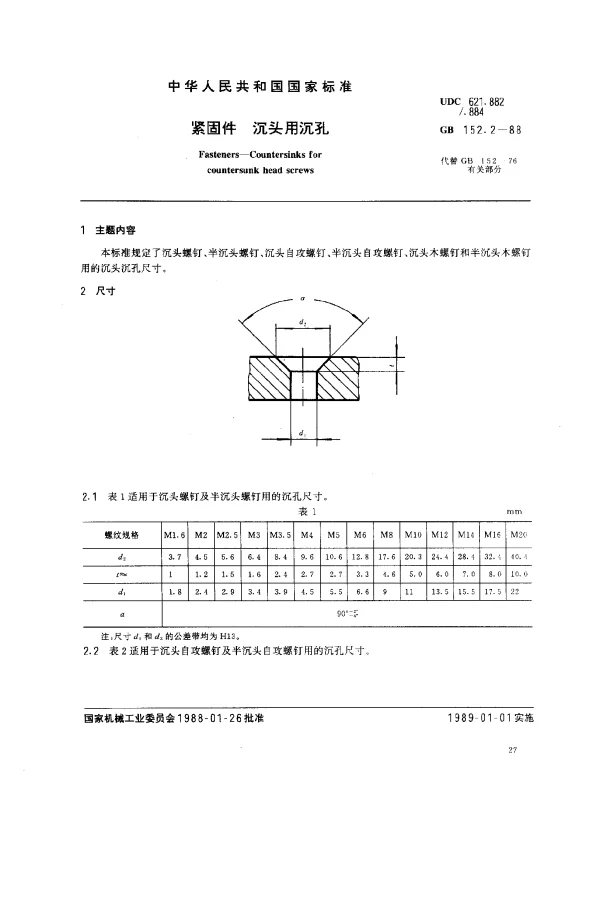 GB 152.2-1988 紧固件 沉头用沉孔