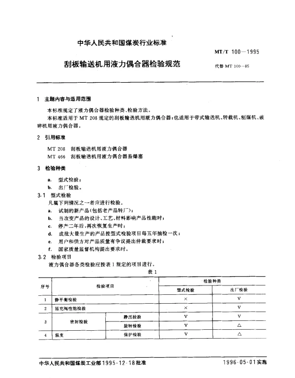 MTT 100-1995 刮板输送机用液力偶合器检验规范