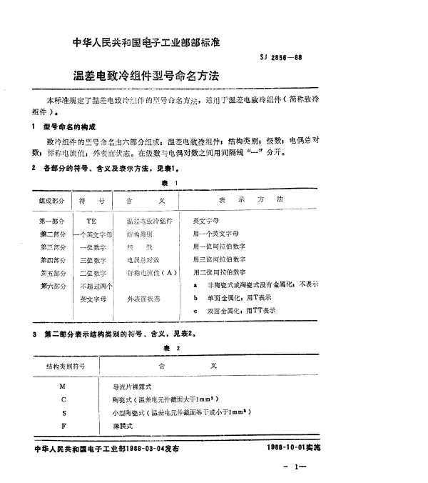SJ 2856-1988 温差电致冷组件型号命名方法