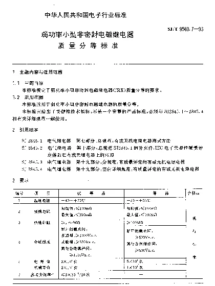 SJT 9560.7-1993 弱功率小型非密封电磁继电器质量分等标准