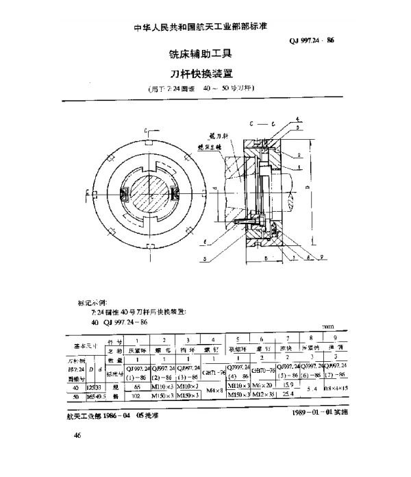 QJ 997.24-1986 铣床辅助工具 刀杆快换装置(用于7∶24 圆锥 40~50号刀杆)