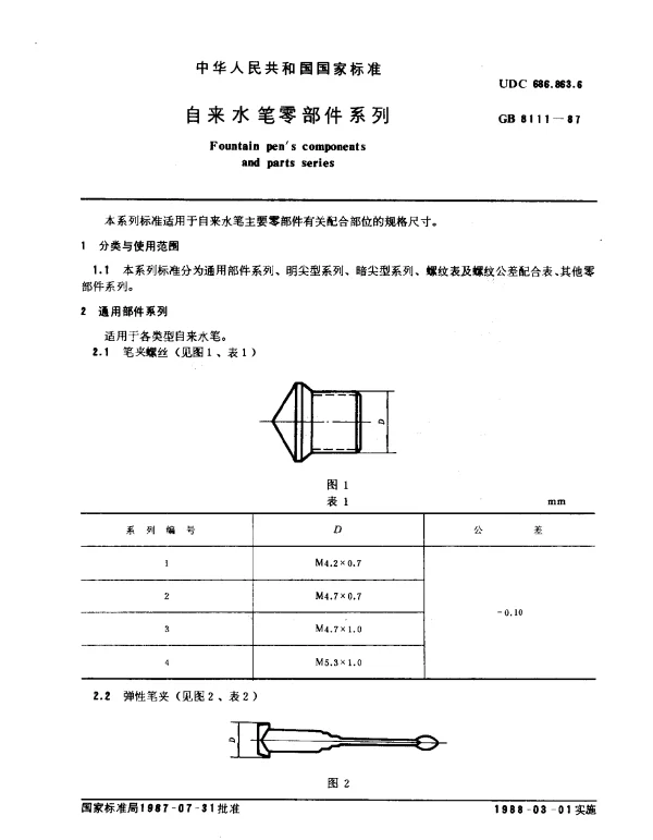 GB 8111-1987 自来水笔零部件系列