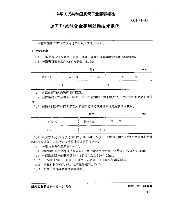 QJ 1148-1987 加工Tc类钛合金手用丝锥技术条件