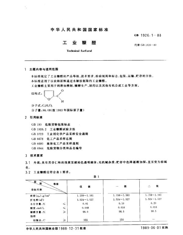 GB 1926.1-1988 工业糠醛