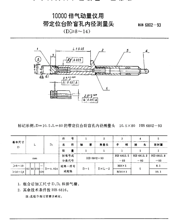 HB 6802-1993 10000倍气动量仪用带定位台阶盲孔内径测量头(D≥8~14)
