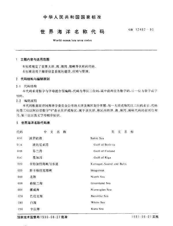 GB 12462-1990 世界海洋名称代码