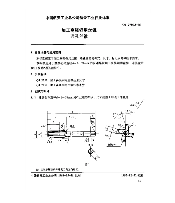 QJ 2756.3-1995 加工高强钢用丝锥 通孔丝锥