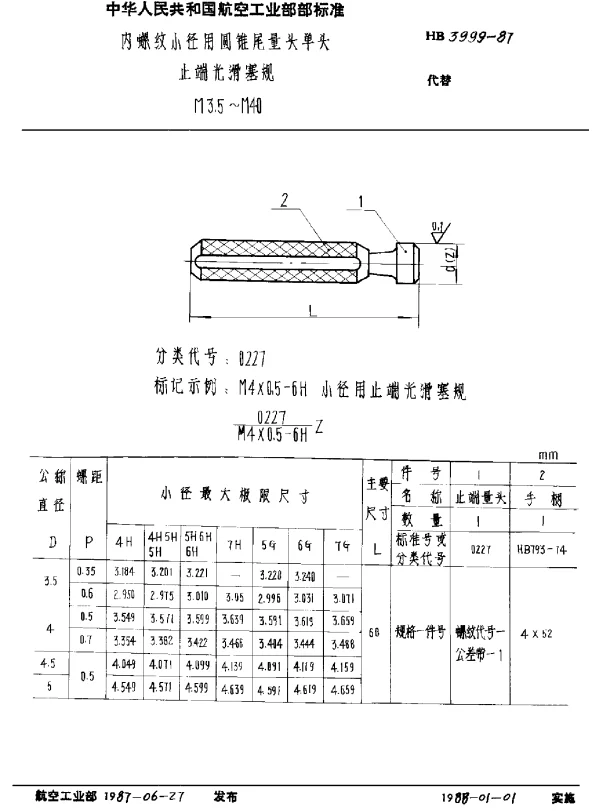 HB 3999-1987 内螺纹小径用圆锥尾量头单头止端光滑塞规 M3.5M40