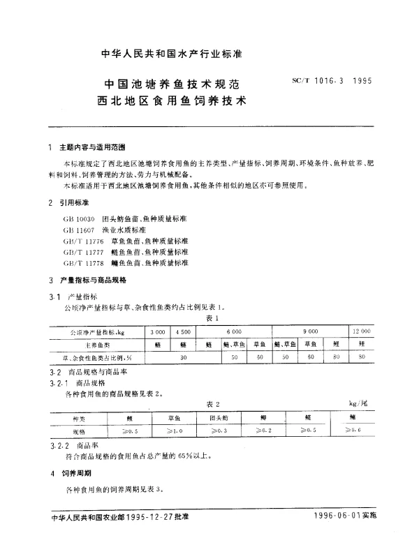 SCT 1016.3-1995 中国池塘养鱼技术规范.西北地区食用鱼饲养技术